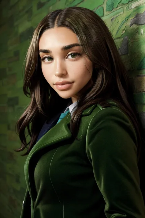 chantel_jeffries wearing green overcoat, long brown hair, hazel eyes, 
upper body, portrait, wall background, 
 <lora:Chantel_Jeffries_V1.2:0.8>