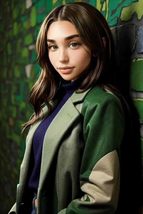 chantel_jeffries wearing green overcoat, long brown hair, hazel eyes, 
upper body, portrait, wall background, 
 <lora:Chantel_Jeffries_V1.2:0.8>