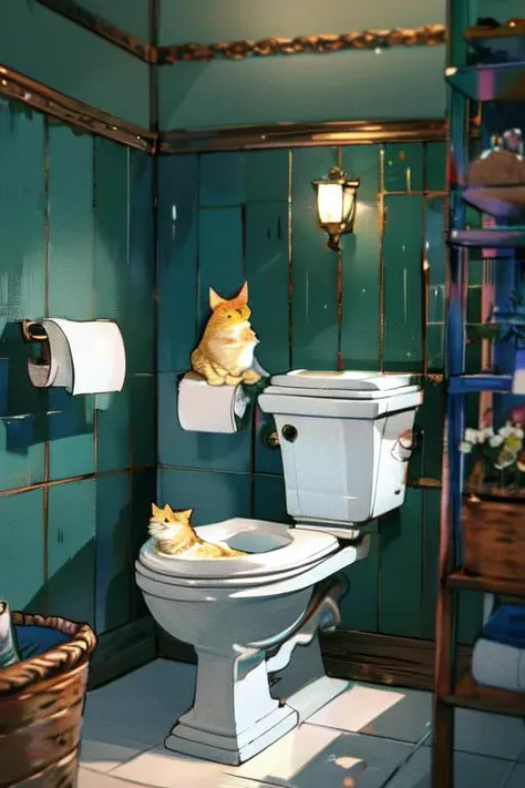 (otherworldly), highly insanely detailed, masterpiece, top quality, best quality, highres, 4k, 8k, RAW photo, (very aesthetic, beautiful and aesthetic), <lora:Life on the toilet:1>, newspaper, yellow cat, toilet use, squat toilet, toilet, (fantasy world)