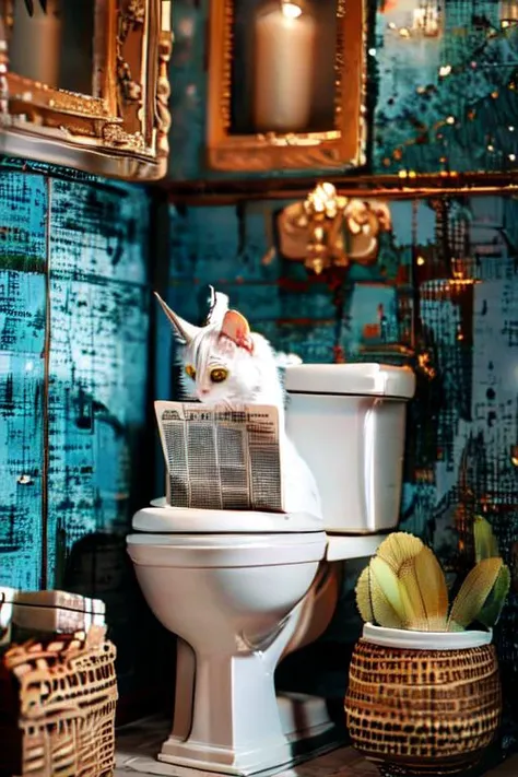 (otherworldly), highly insanely detailed, masterpiece, top quality, best quality, highres, 4k, 8k, RAW photo, (very aesthetic, beautiful and aesthetic), <lora:Life on the toilet:1>, newspaper, yellow cat, toilet use, squat toilet, toilet, (fantasy world)