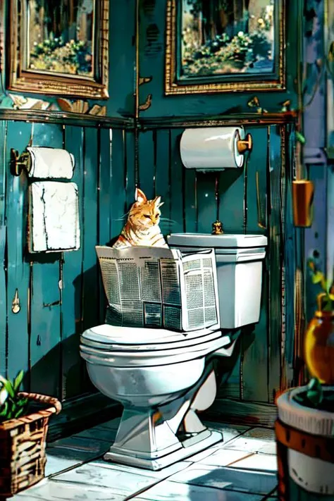 (otherworldly), highly insanely detailed, masterpiece, top quality, best quality, highres, 4k, 8k, RAW photo, (very aesthetic, beautiful and aesthetic), <lora:Life on the toilet:0.8>, newspaper, yellow cat, toilet use, squat toilet, toilet, (fantasy world)