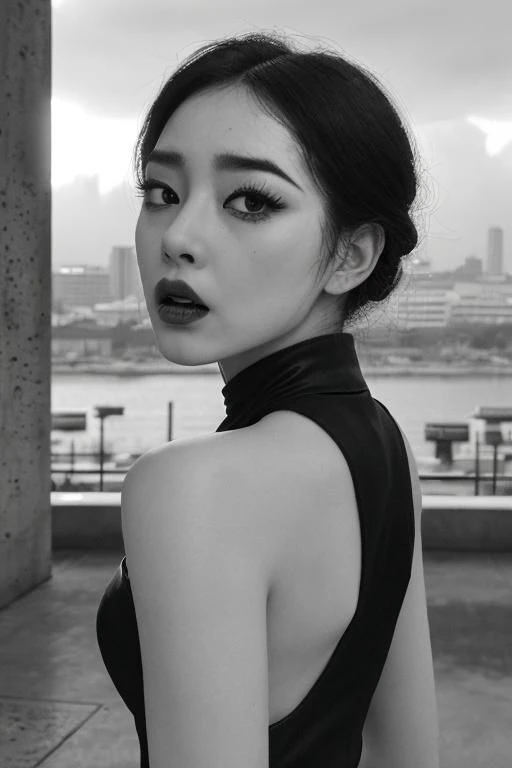 (black and white:1.3), (monochrome photography:1.3), (concrete, cement, brutalism:1.4), unusual angle view, close-up facial shot of a korean girl, black eyeliner, black eye-shadow, black shiny lips, black eyebrows, black make-up, (haunted sinister expression:1.6), wearing latex, thigh-highs, brutalist city buildings, stormy overcast weather, heavy dark clouds, cornea reflections, detailed skin texture, skin pores, skin fuzz, vellus hair, goose bumps, detailed face,  intricately detailed, depth of field, dramatic (backlighting:1.5), cinematic LUT, film grain