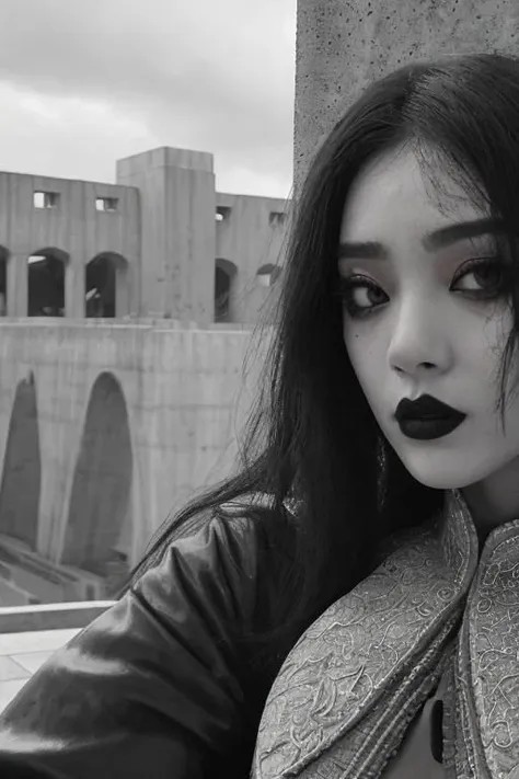 (black and white:1.2), (monochrome photography:1.2), (concrete, cement, brutalism:1.3), unusual angle view, close-up facial shot of a korean girl, black eyeliner, black eye-shadow, black lips, black eyebrows, black make-up, (sinister, haunted expression:1.5), wearing latex, thigh-highs, brutalist city buildings, stormy overcast weather, heavy dark clouds, detailed skin texture, skin pores, skin fuzz, vellus hair, goose bumps, detailed face,  intricately detailed, depth of field, dramatic backlighting, cinematic LUT, film grain