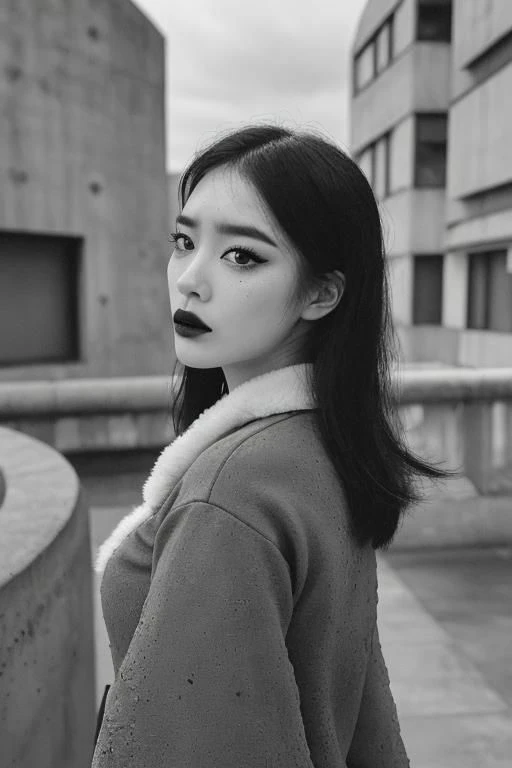 (black and white:1.2), (monochrome photography:1.2), (concrete, cement, brutalism:1.3), unusual angle view, close-up facial shot of a korean girl, black eyeliner, black eye-shadow, black lips, black eyebrows, black make-up, (sinister, haunted expression:1.5), wearing latex, thigh-highs, brutalist city buildings, stormy overcast weather, heavy dark clouds, detailed skin texture, skin pores, skin fuzz, vellus hair, goose bumps, detailed face,  intricately detailed, depth of field, dramatic backlighting, cinematic LUT, film grain