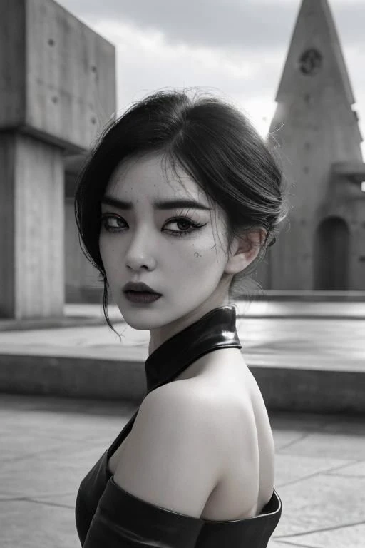 (black and white:1.3), (monochrome photography:1.3), (concrete, cement, brutalism:1.4), unusual angle view, close-up facial shot of a korean girl, black eyeliner, black eye-shadow, black shiny lips, black eyebrows, black make-up, (haunted sinister expression:1.6), wearing latex, thigh-highs, brutalist city buildings, stormy overcast weather, heavy dark clouds, cornea reflections, detailed skin texture, skin pores, skin fuzz, vellus hair, goose bumps, detailed face,  intricately detailed, depth of field, dramatic (backlighting:1.5), cinematic LUT, film grain