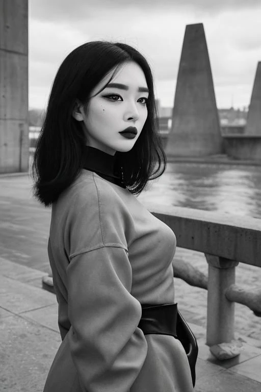 (black and white:1.2), (monochrome photography:1.2), (concrete, cement, brutalism:1.3), unusual angle view, close-up facial shot of a korean girl, black eyeliner, black eye-shadow, black lips, black eyebrows, black make-up, (sinister, haunted expression:1.5), wearing latex, thigh-highs, brutalist city buildings, stormy overcast weather, heavy dark clouds, detailed skin texture, skin pores, skin fuzz, vellus hair, goose bumps, detailed face, intricately detailed, depth of field, dramatic backlighting, cinematic LUT, film grain