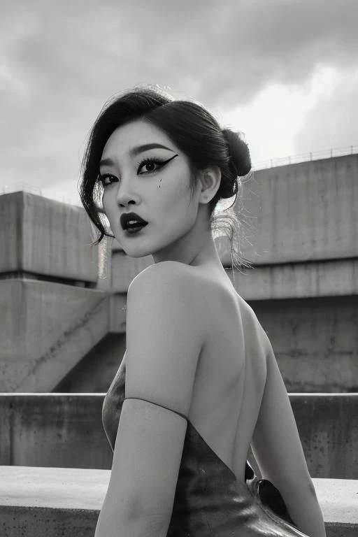 (black and white:1.3), (monochrome photography:1.3), (concrete, cement, brutalism:1.4), unusual angle view, close-up facial shot of a korean girl, black eyeliner, black eye-shadow, black shiny lips, black eyebrows, black make-up, (haunted sinister expression:1.6), wearing latex, thigh-highs, brutalist city buildings, stormy overcast weather, heavy dark clouds, cornea reflections, detailed skin texture, skin pores, skin fuzz, vellus hair, goose bumps, detailed face,  intricately detailed, depth of field, dramatic (backlighting:1.5), cinematic LUT, film grain