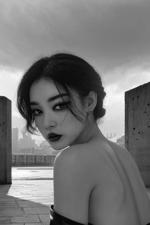 (black and white:1.3), (monochrome photography:1.3), (concrete, cement, brutalism:1.4), unusual angle view, close-up facial shot of a korean girl, black eyeliner, black eye-shadow, black shiny lips, black eyebrows, black make-up, (haunted sinister expression:1.6), wearing latex, thigh-highs, brutalist city buildings, stormy overcast weather, heavy dark clouds, cornea reflections, detailed skin texture, skin pores, skin fuzz, vellus hair, goose bumps, detailed face,  intricately detailed, depth of field, dramatic (backlighting:1.5), cinematic LUT, film grain