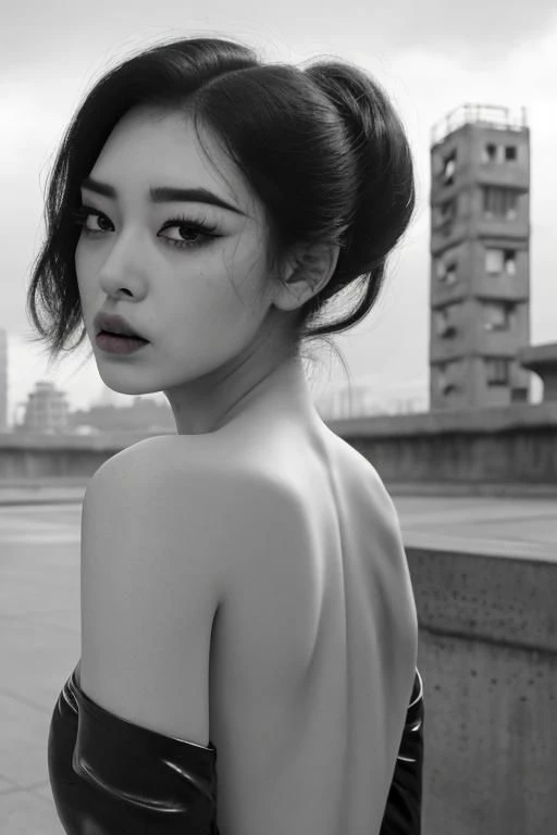 (black and white:1.3), (monochrome photography:1.3), (concrete, cement, brutalism:1.4), unusual angle view, close-up facial shot of a korean girl, black eyeliner, black eye-shadow, black shiny lips, black eyebrows, black make-up, (haunted sinister expression:1.6), wearing latex, thigh-highs, brutalist city buildings, stormy overcast weather, heavy dark clouds, cornea reflections, detailed skin texture, skin pores, skin fuzz, vellus hair, goose bumps, detailed face,  intricately detailed, depth of field, dramatic (backlighting:1.5), cinematic LUT, film grain