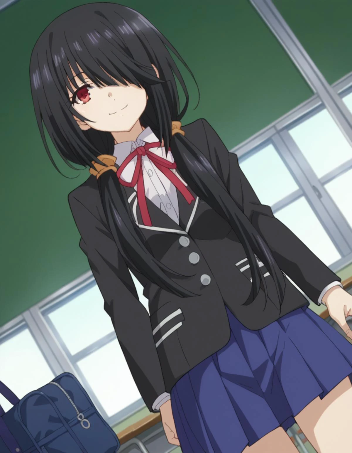 score_9, score_8_up, score_7_up, source_anime,
kurumitokisaki, <lora:kurumi-tokisaki-ponyxl-lora-nochekaiser:1>,
kurumi tokisaki school uniform, tokisaki kurumi, long hair, skirt, black hair, red eyes, long sleeves, ribbon, school uniform, jacket, pleated skirt, bag, hair over one eye, blue skirt, blazer, school bag, black blazer,
indoors, classroom, smile,
looking at viewer, cowboy shot, dutch angle,