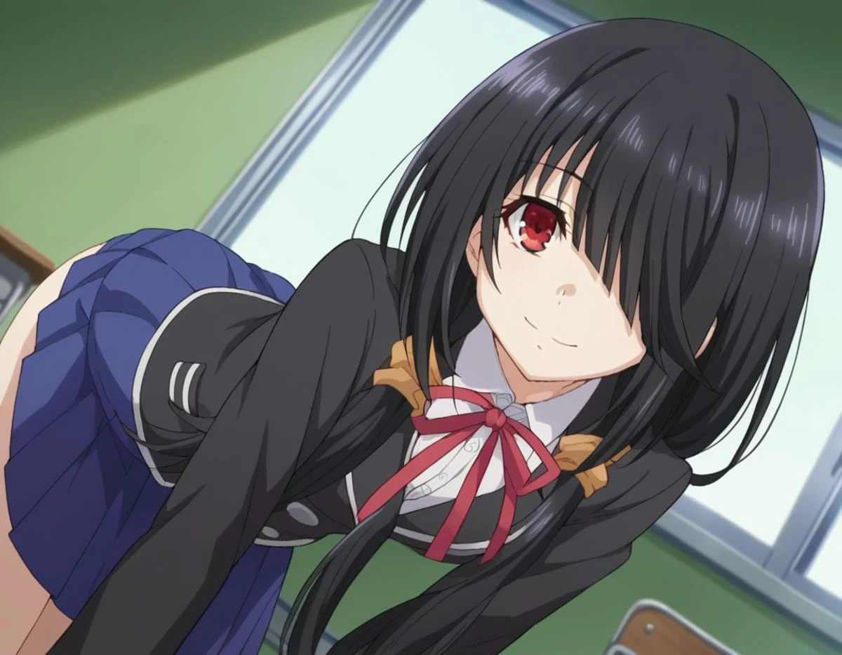score_9, score_8_up, score_7_up, source_anime,
kurumitokisaki, <lora:kurumi-tokisaki-ponyxl-lora-nochekaiser:1>,
kurumi tokisaki school uniform, tokisaki kurumi, long hair, skirt, black hair, red eyes, long sleeves, ribbon, school uniform, jacket, pleated skirt, bag, hair over one eye, blue skirt, blazer, school bag, black blazer,
indoors, classroom, smile, bent over,
looking at viewer, cowboy shot, dutch angle,
