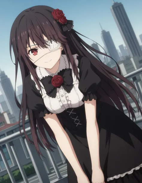 score_9, score_8_up, score_7_up, source_anime,
kurumitokisaki, <lora:kurumi-tokisaki-s4s5-ponyxl-lora-nochekaiser:1>,
kurumi tokisaki, black hair, red eyes, long hair,
bangs, hair ornament, dress, flower, short sleeves, frills, hair flower, black dress, rose, eyepatch, red flower, red rose, medical eyepatch, frilled dress, puffy sleeves,
outdoors, cityscape, bent over, smile,
looking at viewer, solo, cowboy shot, dutch angle,