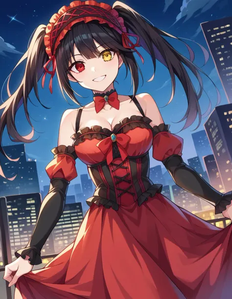 score_9, score_8_up, score_7_up, source_anime,
kurumitokisaki, <lora:kurumi-tokisaki-booru-ponyxl-lora-nochekaiser:1>,
kurumi tokisaki, black hair, red eyes, long hair,
twintails, yellow eyes, hairband, heterochromia, dress, red dress, bare shoulders, collarbone, choker, bowtie, red bowtie, detached sleeves, corset, frills, cleavage,
outdoors, cityscape, night, smile,
looking at viewer, dutch angle, cowboy shot,