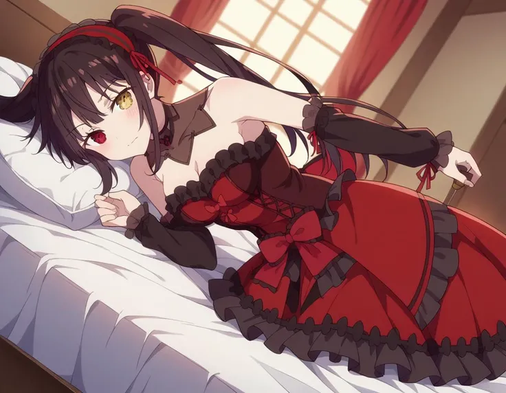 score_9, score_8_up, score_7_up, source_anime,
kurumitokisaki, <lora:kurumi-tokisaki--ponyxl-lora-nochekaiser:1>,
kurumi tokisaki, black hair, red eyes, long hair,
twintails, yellow eyes, hairband, heterochromia, dress, red dress, bare shoulders, collarbone, choker, bowtie, red bowtie, detached sleeves, corset, frills, cleavage,
indoors, bed, bed room, on side, blush, drunk,
solo, dutch angle, looking at viewer, cowboy shot,