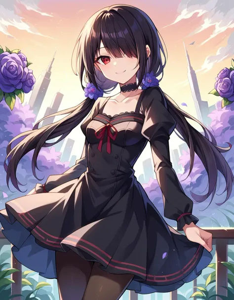 score_9, score_8_up, score_7_up, source_anime,
kurumitokisaki, <lora:kurumi-tokisaki-booru-ponyxl-lora-nochekaiser:1>,
kurumi tokisaki, black hair, red eyes, long hair,
long sleeves, dress, pantyhose, hair over one eye, black dress, black pantyhose, puffy sleeves, choker, collarbone, skirt, black skirt, flowers, hair flowers, purple flowers, twintails, low twintails,
outdoors, cityscape, smile,
looking at viewer, dutch angle, cowboy shot,