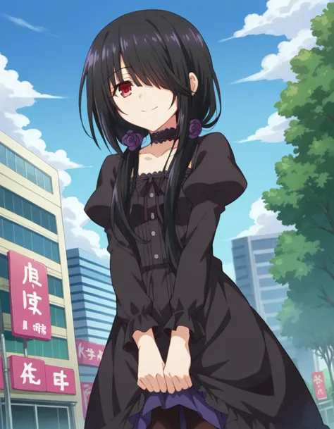 score_9, score_8_up, score_7_up, source_anime, 
kurumitokisaki, <lora:kurumi-tokisaki-ponyxl-lora-nochekaiser:1>, 
kurumi tokisaki casual, long hair, black hair, red eyes, long sleeves, dress, pantyhose, hair over one eye, black dress, black pantyhose, puffy sleeves, choker, collarbone, skirt, black skirt, flowers, hair flowers, purple flowers, twintails, low twintails,
outdoors, cityscape, smile,
looking at viewer, cowboy shot, dutch angle,