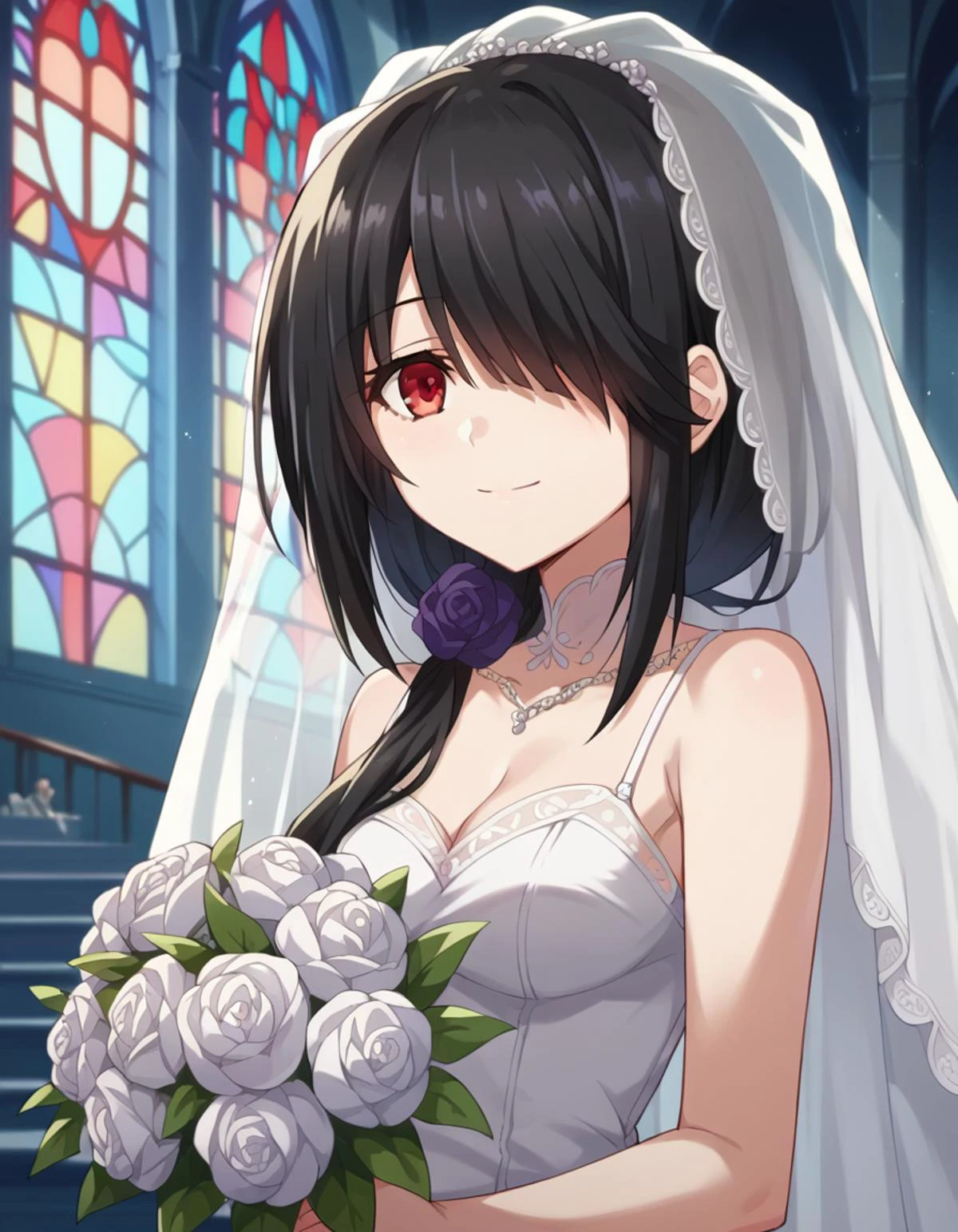 score_9, score_8_up, score_7_up, source_anime,
kurumitokisaki, <lora:kurumi-tokisaki-ponyxl-lora-nochekaiser:1>,
kurumi tokisaki, long hair, black hair, red eyes, hair over one eye, smile,
dress, white dress, wedding dress, veil, bouquet, flowers,
indoors, church,
looking at viewer, upper body,
