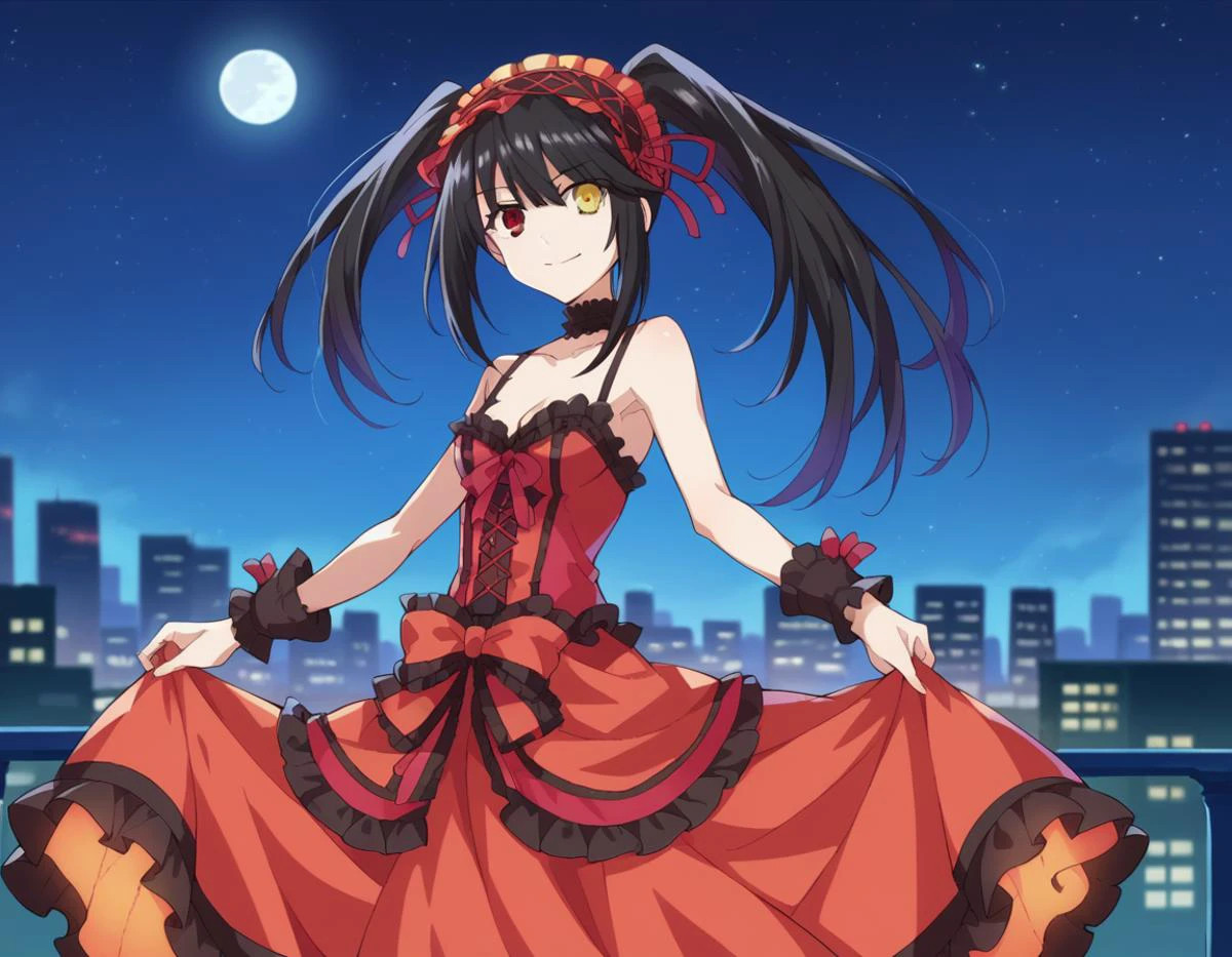 score_9, score_8_up, score_7_up, source_anime,
kurumitokisaki, <lora:kurumi-tokisaki-ponyxl-lora-nochekaiser:1>,
kurumi tokisaki astral dress, long hair, black hair, red eyes, twintails, yellow eyes, hairband, heterochromia, smile, dress, red dress, bare shoulders, collarbone, choker, bowtie, red bowtie, detached sleeves, corset, frills,
outdoors, cityscape, night sky, starry sky, moon,
looking at viewer, cowboy shot, dutch angle,