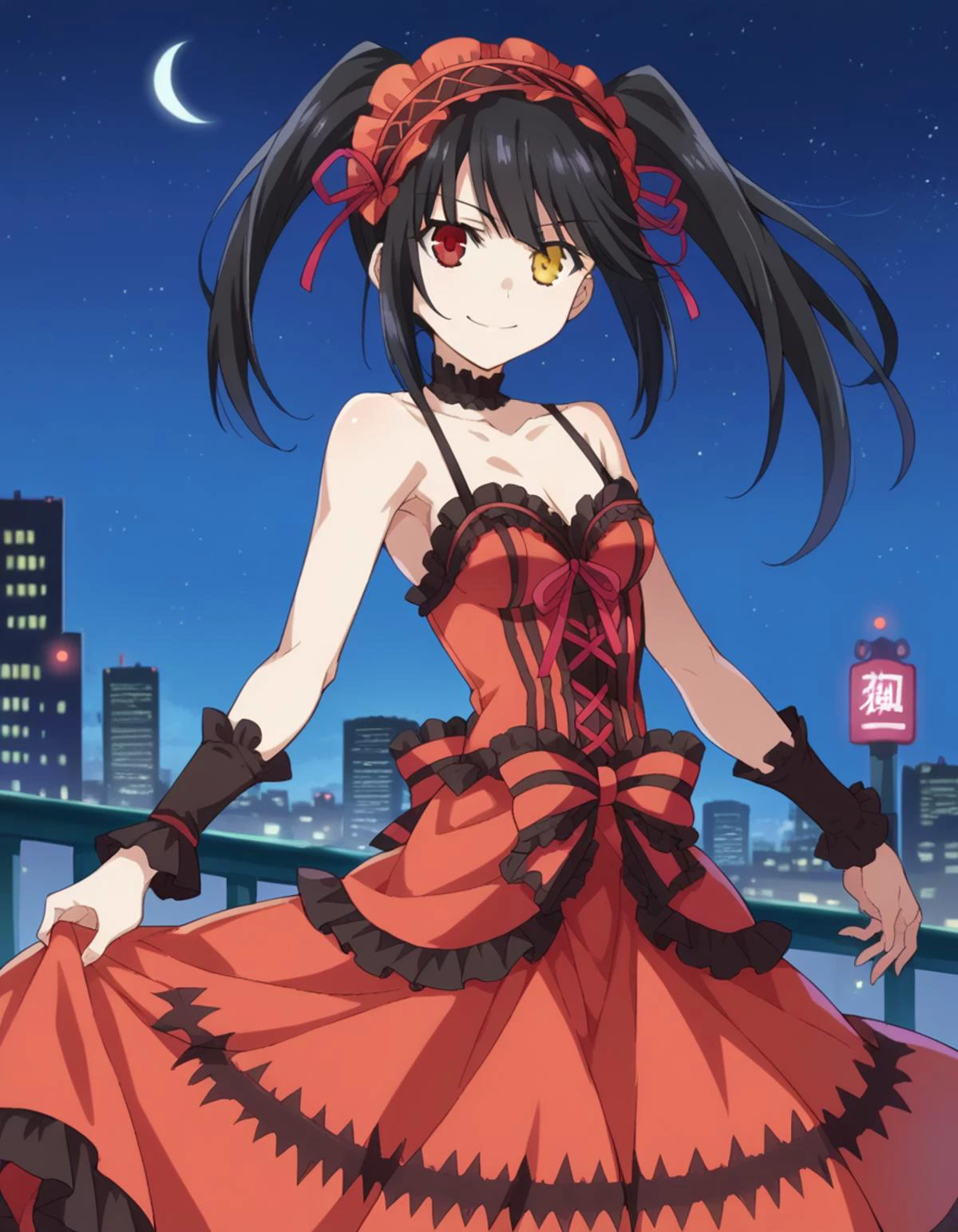 score_9, score_8_up, score_7_up, source_anime,
kurumitokisaki, <lora:kurumi-tokisaki-ponyxl-lora-nochekaiser:1>,
kurumi tokisaki astral dress, long hair, black hair, red eyes, twintails, yellow eyes, hairband, heterochromia, smile, dress, red dress, bare shoulders, collarbone, choker, bowtie, red bowtie, detached sleeves, corset, frills,
outdoors, cityscape, night sky, starry sky, moon,
looking at viewer, cowboy shot, dutch angle,
