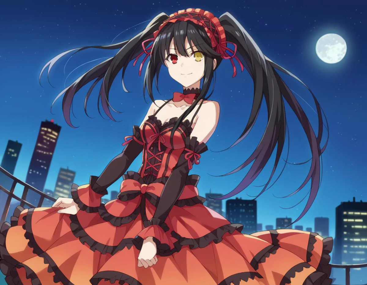 score_9, score_8_up, score_7_up, source_anime,
kurumitokisaki, <lora:kurumi-tokisaki-ponyxl-lora-nochekaiser:1>,
kurumi tokisaki astral dress, long hair, black hair, red eyes, twintails, yellow eyes, hairband, heterochromia, smile, dress, red dress, bare shoulders, collarbone, choker, bowtie, red bowtie, detached sleeves, corset, frills,
outdoors, cityscape, night sky, starry sky, moon,
looking at viewer, cowboy shot, dutch angle,