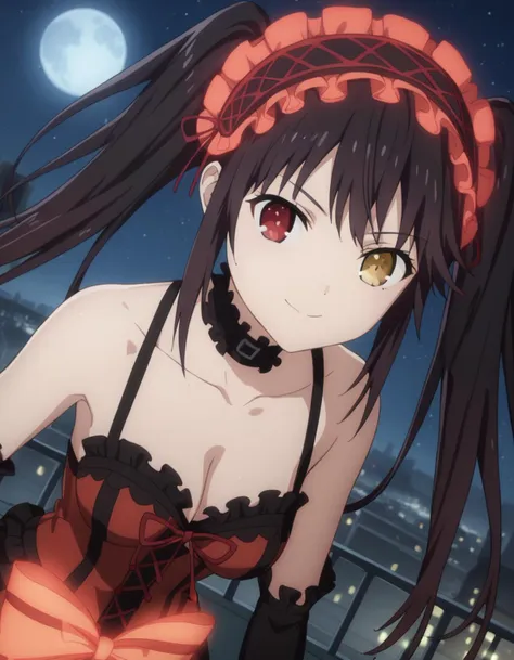 score_9, score_8_up, score_7_up, source_anime,
kurumitokisaki, <lora:kurumi-tokisaki-s4s5-ponyxl-lora-nochekaiser:1>,
kurumi tokisaki, black hair, red eyes, long hair,
twintails, yellow eyes, hairband, heterochromia, dress, red dress, bare shoulders, collarbone, choker, bowtie, red bowtie, detached sleeves, corset, frills, cleavage,
outdoors, cityscape, night, moon, starry sky, bent over, smile,
looking at viewer, solo, cowboy shot, dutch angle,