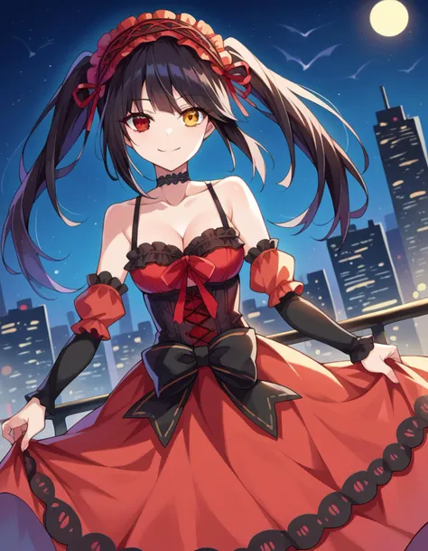 score_9, score_8_up, score_7_up, source_anime,
kurumitokisaki, <lora:kurumi-tokisaki-booru-ponyxl-lora-nochekaiser:1>,
kurumi tokisaki, black hair, red eyes, long hair,
twintails, yellow eyes, hairband, heterochromia, dress, red dress, bare shoulders, collarbone, choker, bowtie, red bowtie, detached sleeves, corset, frills, cleavage,
outdoors, cityscape, night, smile,
looking at viewer, dutch angle, cowboy shot,