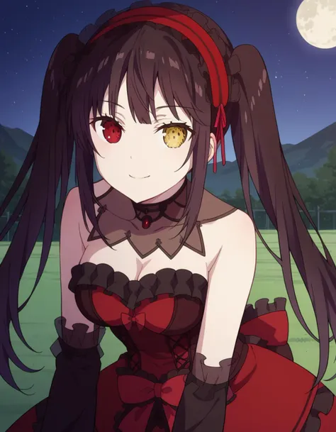 score_9, score_8_up, score_7_up, source_anime,
kurumitokisaki, <lora:kurumi-tokisaki-movie-ponyxl-lora-nochekaiser:1>,
kurumi tokisaki, black hair, red eyes, long hair,
twintails, yellow eyes, hairband, heterochromia, dress, red dress, bare shoulders, collarbone, choker, bowtie, red bowtie, detached sleeves, corset, frills, cleavage,
outdoors, landscape, night, moon, bent over, smile,
solo, dutch angle, looking at viewer, cowboy shot,