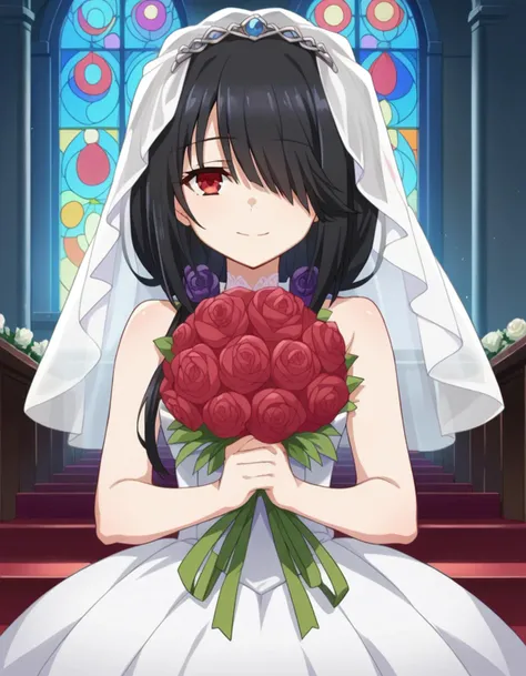 score_9, score_8_up, score_7_up, source_anime,
kurumitokisaki, <lora:kurumi-tokisaki-ponyxl-lora-nochekaiser:1>,
kurumi tokisaki, long hair, black hair, red eyes, hair over one eye, smile,
dress, white dress, wedding dress, veil, bouquet, flowers,
indoors, church,
looking at viewer, upper body, straight-on,