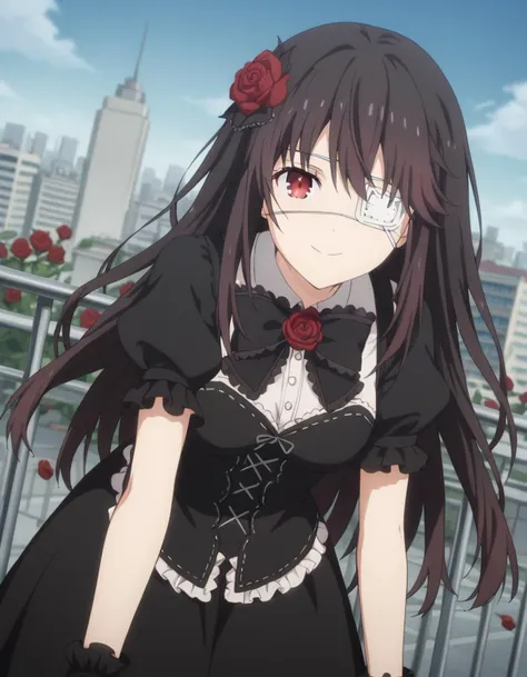 score_9, score_8_up, score_7_up, source_anime,
kurumitokisaki, <lora:kurumi-tokisaki-s4s5-ponyxl-lora-nochekaiser:1>,
kurumi tokisaki, black hair, red eyes, long hair,
bangs, hair ornament, dress, flower, short sleeves, frills, hair flower, black dress, rose, eyepatch, red flower, red rose, medical eyepatch, frilled dress, puffy sleeves,
outdoors, cityscape, bent over, smile,
looking at viewer, solo, cowboy shot, dutch angle,