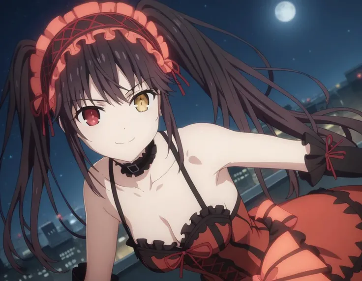 kurumi tokisaki, black hair, red eyes, long hair, twintails, yellow eyes, hairband, heterochromia, dress, red dress 
unbuttoned, bare shoulders, collarbone, choker, bowtie, red bowtie, detached sleeves, corset unbuttoned, frills, cleavage unbuttoned,sitting,legs open, looking at viewer, cowboy shot, dutch angle,showing naked breasts, medium large breasts,
showing naked breasts(cowboy photo: 1)