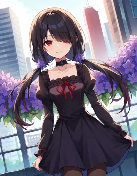 score_9, score_8_up, score_7_up, source_anime,
kurumitokisaki, <lora:kurumi-tokisaki-booru-ponyxl-lora-nochekaiser:1>,
kurumi tokisaki, black hair, red eyes, long hair,
long sleeves, dress, pantyhose, hair over one eye, black dress, black pantyhose, puffy sleeves, choker, collarbone, skirt, black skirt, flowers, hair flowers, purple flowers, twintails, low twintails,
outdoors, cityscape, smile,
looking at viewer, dutch angle, cowboy shot,