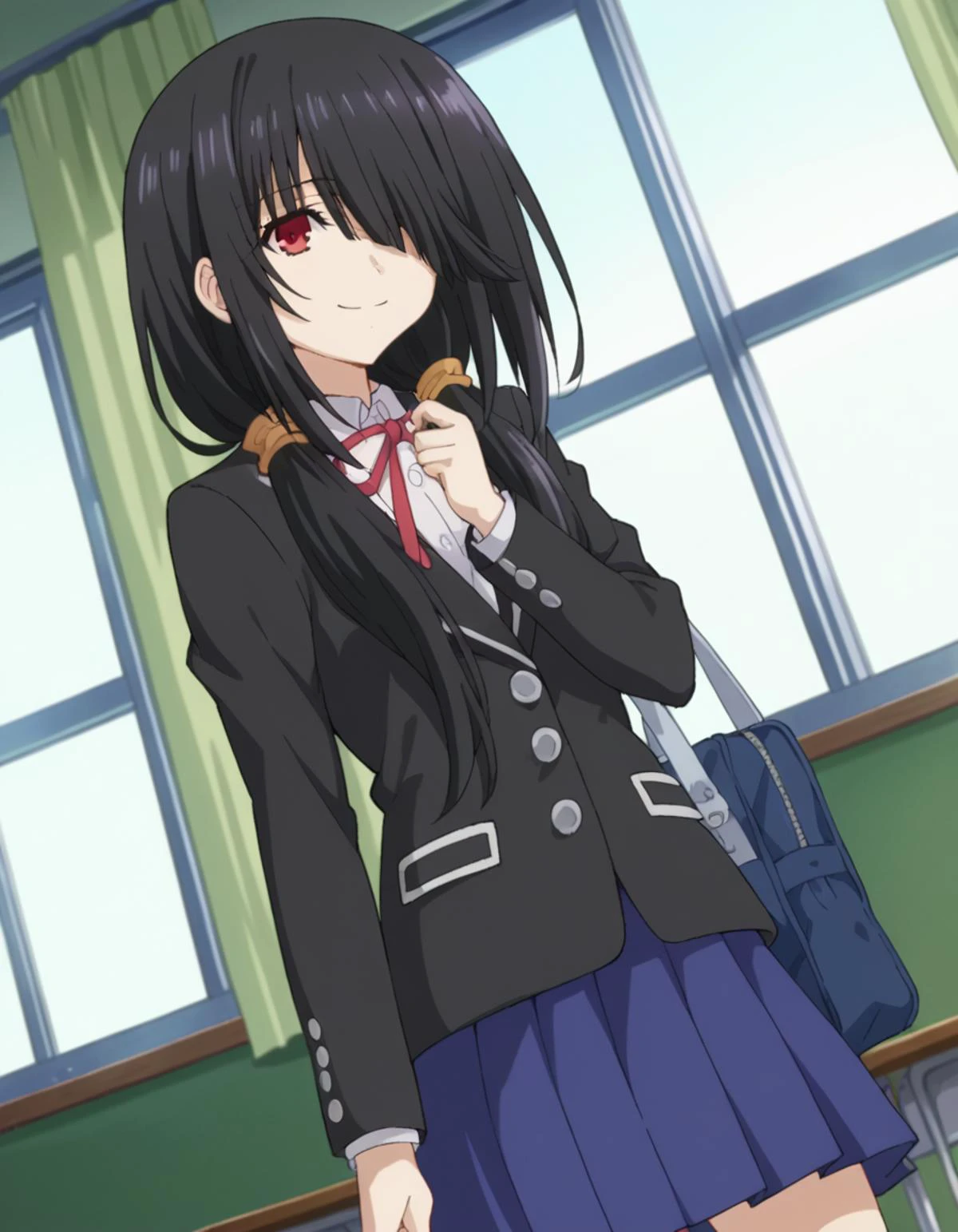 score_9, score_8_up, score_7_up, source_anime,
kurumitokisaki, <lora:kurumi-tokisaki-ponyxl-lora-nochekaiser:1>,
kurumi tokisaki school uniform, tokisaki kurumi, long hair, skirt, black hair, red eyes, long sleeves, ribbon, school uniform, jacket, pleated skirt, bag, hair over one eye, blue skirt, blazer, school bag, black blazer,
indoors, classroom, smile,
looking at viewer, cowboy shot, dutch angle,