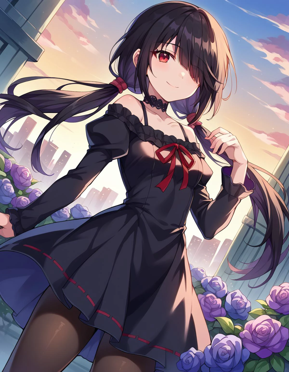 score_9, score_8_up, score_7_up, source_anime,
kurumitokisaki, <lora:kurumi-tokisaki-booru-ponyxl-lora-nochekaiser:1>,
kurumi tokisaki, black hair, red eyes, long hair,
long sleeves, dress, pantyhose, hair over one eye, black dress, black pantyhose, puffy sleeves, choker, collarbone, skirt, black skirt, flowers, hair flowers, purple flowers, twintails, low twintails,
outdoors, cityscape, smile,
looking at viewer, dutch angle, cowboy shot,