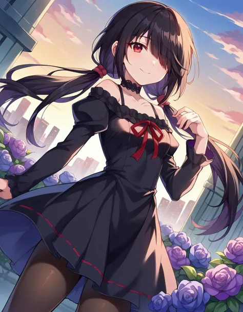 score_9, score_8_up, score_7_up, source_anime,
kurumitokisaki, <lora:kurumi-tokisaki-booru-ponyxl-lora-nochekaiser:1>,
kurumi tokisaki, black hair, red eyes, long hair,
long sleeves, dress, pantyhose, hair over one eye, black dress, black pantyhose, puffy sleeves, choker, collarbone, skirt, black skirt, flowers, hair flowers, purple flowers, twintails, low twintails,
outdoors, cityscape, smile,
looking at viewer, dutch angle, cowboy shot,