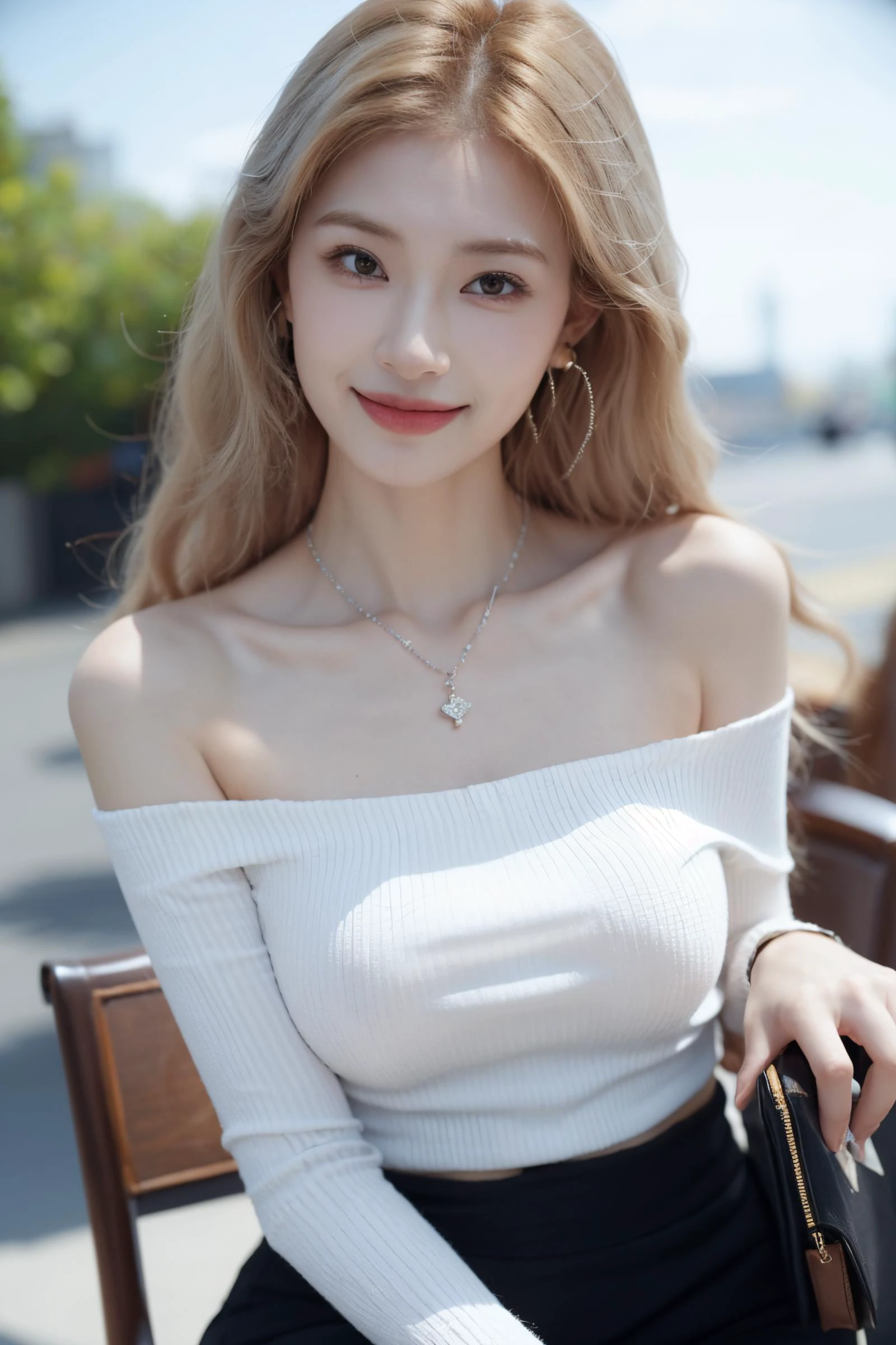 1girl,jewelry,earrings,solo,necklace,bare shoulders,blonde hair,realistic,smile,long hair,blurry background,dress,blurry,lips,black dress,upper body,closed mouth,brown eyes,(blonde:1.3),sexy pose,best quality,masterpiece,an extremely delicate and beautiful,CG,unity,8k wallpaper,Amazing,finely detail,masterpiece,official art,extremely detailed CG unity 8k wallpaper,incredibly absurdres,huge filesize,ultra-detailed,highres,extremely detailed,beautiful detailed girl,realistic,full frontal,<lora:鿢å¦Zheng Ziyan:0.8>,(Off-the-shoulder_blouse:1.4),(Wide-leg_cropped_pants:1.3),(Woven_handbag:1.2),