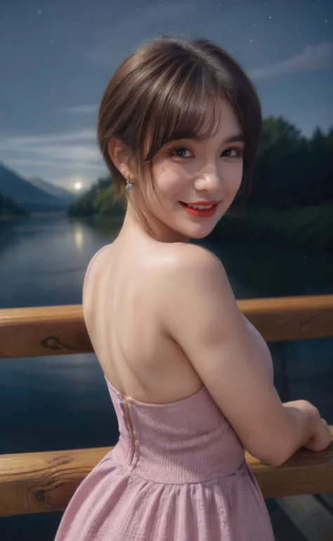 (night:1.5),there is a haze on the left side of the sky and twinkling stars on the right,Masterpiece,super detailed,best quality,<lora:add_detail:0.5>,<lora:æ³å:0.1>,auroral,reflection,scenery,sky,star (sky),mountain,starry sky,night sky,water,(lake:1.3),<lora:GAæå:0.2>,
1girl,(upper body:1.2),solo,(standing on a wooden pier,with her back against the wooden railing and one hand on the railing:1.3),
pleated skirt,((pink:purple:0.9) dress:1.3),
pixie_hairstyle,<lora:pixie_hairstyle-10:0.5>,Hair at the back of the head coiled up with strands of hair around the ears,<lora:hairdetailer:1>,
light particles,(lens flare:0.8),
small chest,clear and delicate face,Bright eyes,(FACE:<lora:Xiao-Lu:0.85>),
a shy smill,red eyeshadow,long eyelashes,Red Lips,Smiling Eyes,Earrings,
18 years old,AS-YoungestV2,