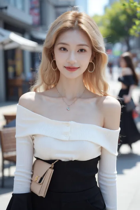 1girl,jewelry,earrings,solo,necklace,bare shoulders,blonde hair,realistic,smile,long hair,blurry background,dress,blurry,lips,black dress,upper body,closed mouth,brown eyes,(blonde:1.3),sexy pose,best quality,masterpiece,an extremely delicate and beautiful,CG,unity,8k wallpaper,Amazing,finely detail,masterpiece,official art,extremely detailed CG unity 8k wallpaper,incredibly absurdres,huge filesize,ultra-detailed,highres,extremely detailed,beautiful detailed girl,realistic,full frontal,<lora:éæ¢å¦Zheng Ziyan:0.8>,(Off-the-shoulder_blouse:1.4),(Wide-leg_cropped_pants:1.3),(Woven_handbag:1.2),