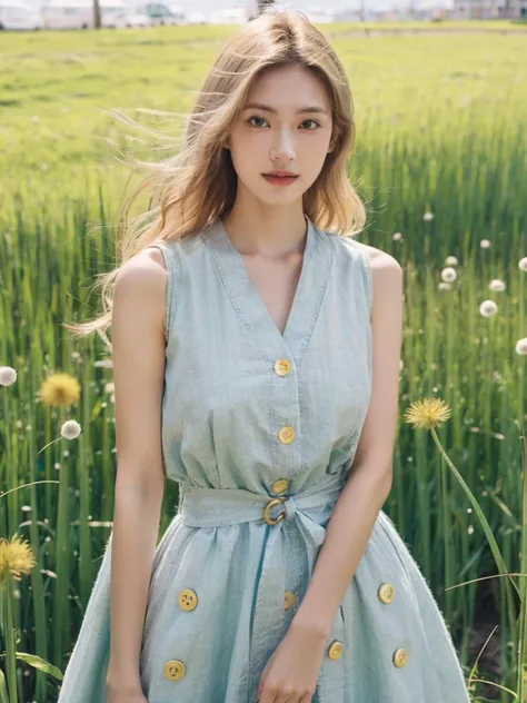 1girl, looking at viewer, upper body, long blonde curvy hair, Sleeveless midi dress with button front and belted waist, Spring, Dandelions blanket a grassy field, <lora:Style_FilmVelvia3:0.7>,<lora:Zheng Ziyan:0.3>