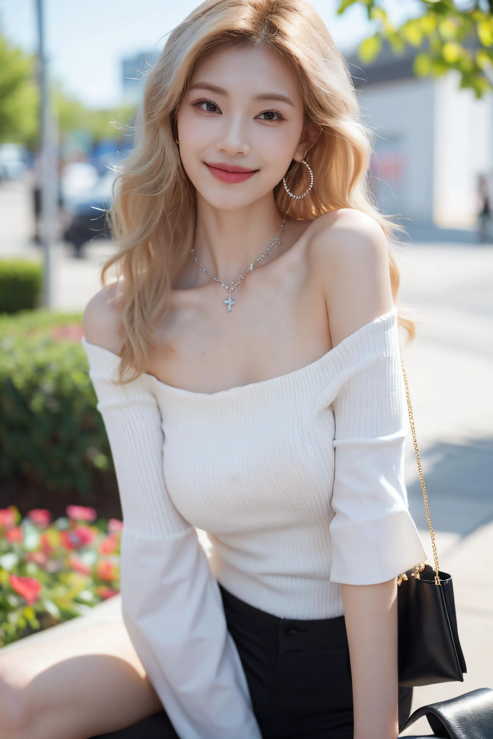 1girl,jewelry,earrings,solo,necklace,bare shoulders,blonde hair,realistic,smile,long hair,blurry background,dress,blurry,lips,black dress,upper body,closed mouth,brown eyes,(blonde:1.3),sexy pose,best quality,masterpiece,an extremely delicate and beautiful,CG,unity,8k wallpaper,Amazing,finely detail,masterpiece,official art,extremely detailed CG unity 8k wallpaper,incredibly absurdres,huge filesize,ultra-detailed,highres,extremely detailed,beautiful detailed girl,realistic,full frontal,<lora:鿢å¦Zheng Ziyan:0.8>,(Off-the-shoulder_blouse:1.4),(Wide-leg_cropped_pants:1.3),(Woven_handbag:1.2),