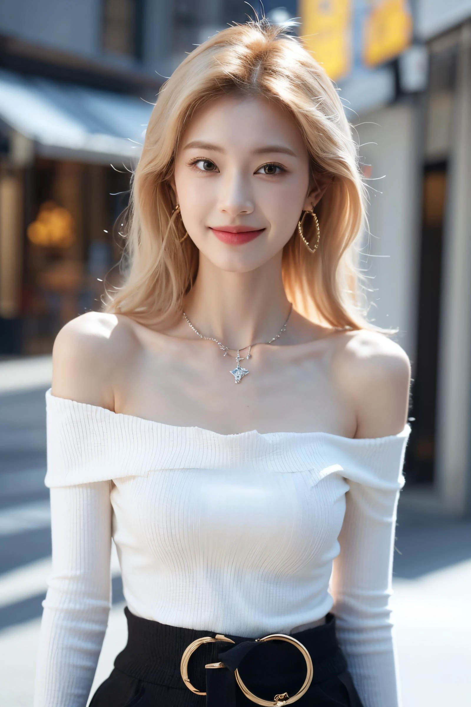 1girl,jewelry,earrings,solo,necklace,bare shoulders,blonde hair,realistic,smile,long hair,blurry background,dress,blurry,lips,black dress,upper body,closed mouth,brown eyes,(blonde:1.3),sexy pose,best quality,masterpiece,an extremely delicate and beautiful,CG,unity,8k wallpaper,Amazing,finely detail,masterpiece,official art,extremely detailed CG unity 8k wallpaper,incredibly absurdres,huge filesize,ultra-detailed,highres,extremely detailed,beautiful detailed girl,realistic,full frontal,<lora:鿢å¦Zheng Ziyan:0.8>,(Off-the-shoulder_blouse:1.4),(Wide-leg_cropped_pants:1.3),(Woven_handbag:1.2),