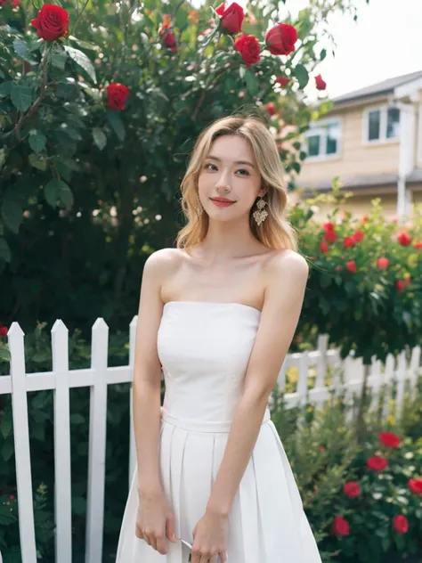 1girl, looking at viewer, (upper body:1.1), long blonde curvy hair, Strapless cocktail dress with pleated bodice and full skirt, earrings, Spring, Rose bushes bloom along white picket fences, <lora:Style_FilmVelvia3:0.7>,<lora:Zheng Ziyan:0.3>