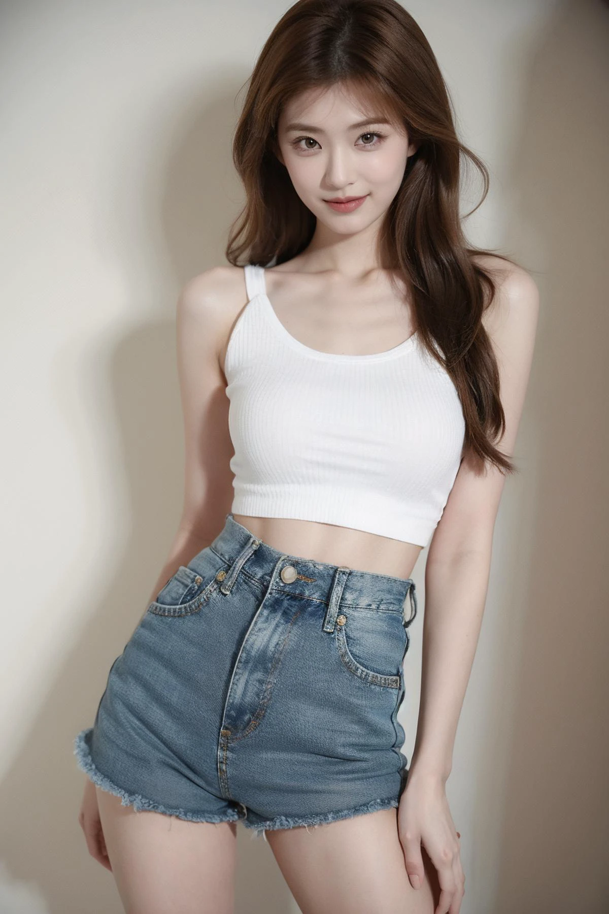 1girl,model pose,smirk,navel,wide hip,beautiful detailed girl,(ulzzang-6500:0.5),denim short shorts,(Lift your ass:0.9),slim,huge filesize,incredibly absurdres,full_shot,<lora:Zheng Ziyan:0.8>,