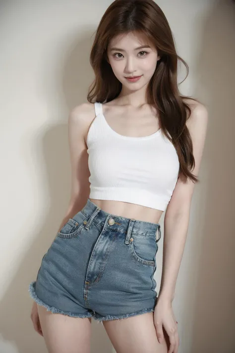 1girl,model pose,smirk,navel,wide hip,beautiful detailed girl,(ulzzang-6500:0.5),denim short shorts,(Lift your ass:0.9),slim,huge filesize,incredibly absurdres,full_shot,<lora:Zheng Ziyan:0.8>,