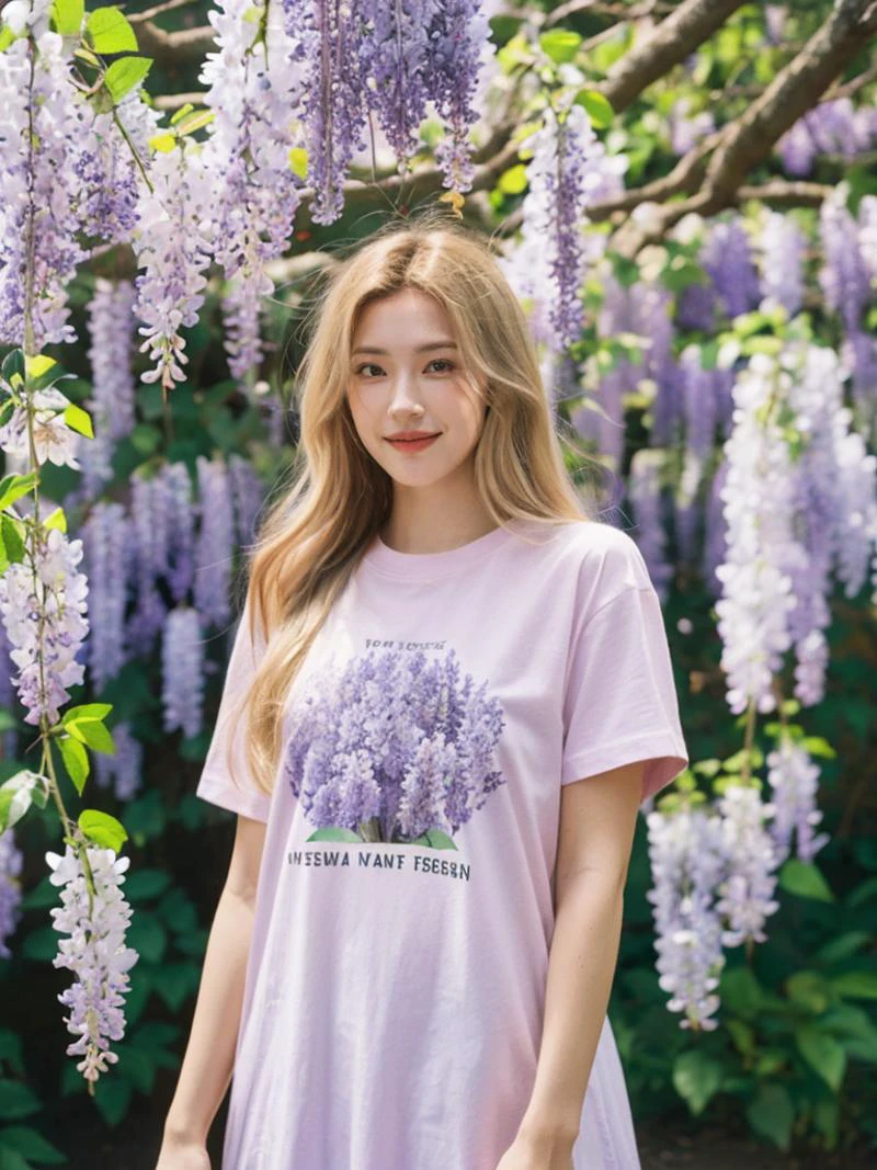 1girl, looking at viewer, upper body, long blonde curvy hair, T-shirt dress with slogan graphic and raw-edge hem, Spring, Wisteria vines form a lilac canopy, <lora:Style_FilmVelvia3:0.7>,<lora:Zheng Ziyan:0.3>