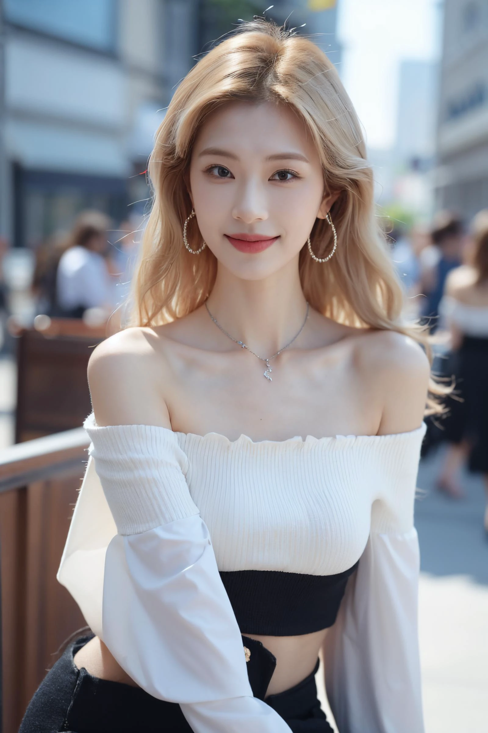 1girl,jewelry,earrings,solo,necklace,bare shoulders,blonde hair,realistic,smile,long hair,blurry background,dress,blurry,lips,black dress,upper body,closed mouth,brown eyes,(blonde:1.3),sexy pose,best quality,masterpiece,an extremely delicate and beautiful,CG,unity,8k wallpaper,Amazing,finely detail,masterpiece,official art,extremely detailed CG unity 8k wallpaper,incredibly absurdres,huge filesize,ultra-detailed,highres,extremely detailed,beautiful detailed girl,realistic,full frontal,<lora:鿢å¦Zheng Ziyan:0.8>,(Off-the-shoulder_blouse:1.4),(Wide-leg_cropped_pants:1.3),(Woven_handbag:1.2),