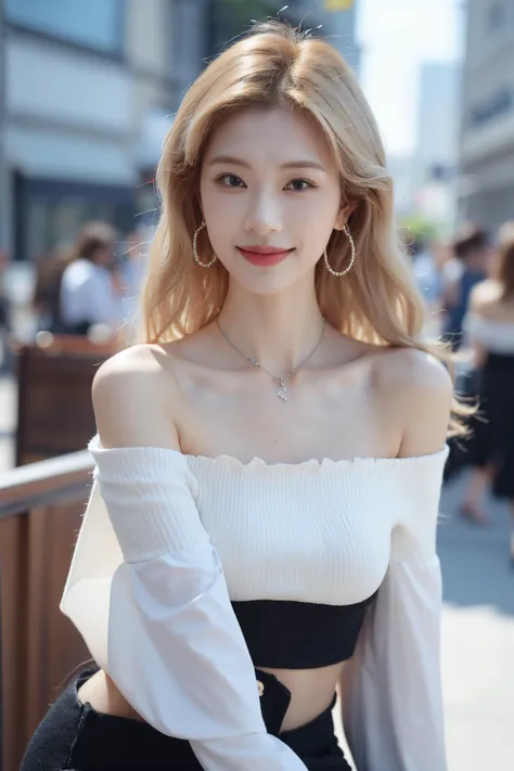 1girl,jewelry,earrings,solo,necklace,bare shoulders,blonde hair,realistic,smile,long hair,blurry background,dress,blurry,lips,black dress,upper body,closed mouth,brown eyes,(blonde:1.3),sexy pose,best quality,masterpiece,an extremely delicate and beautiful,CG,unity,8k wallpaper,Amazing,finely detail,masterpiece,official art,extremely detailed CG unity 8k wallpaper,incredibly absurdres,huge filesize,ultra-detailed,highres,extremely detailed,beautiful detailed girl,realistic,full frontal,<lora:éæ¢å¦Zheng Ziyan:0.8>,(Off-the-shoulder_blouse:1.4),(Wide-leg_cropped_pants:1.3),(Woven_handbag:1.2),