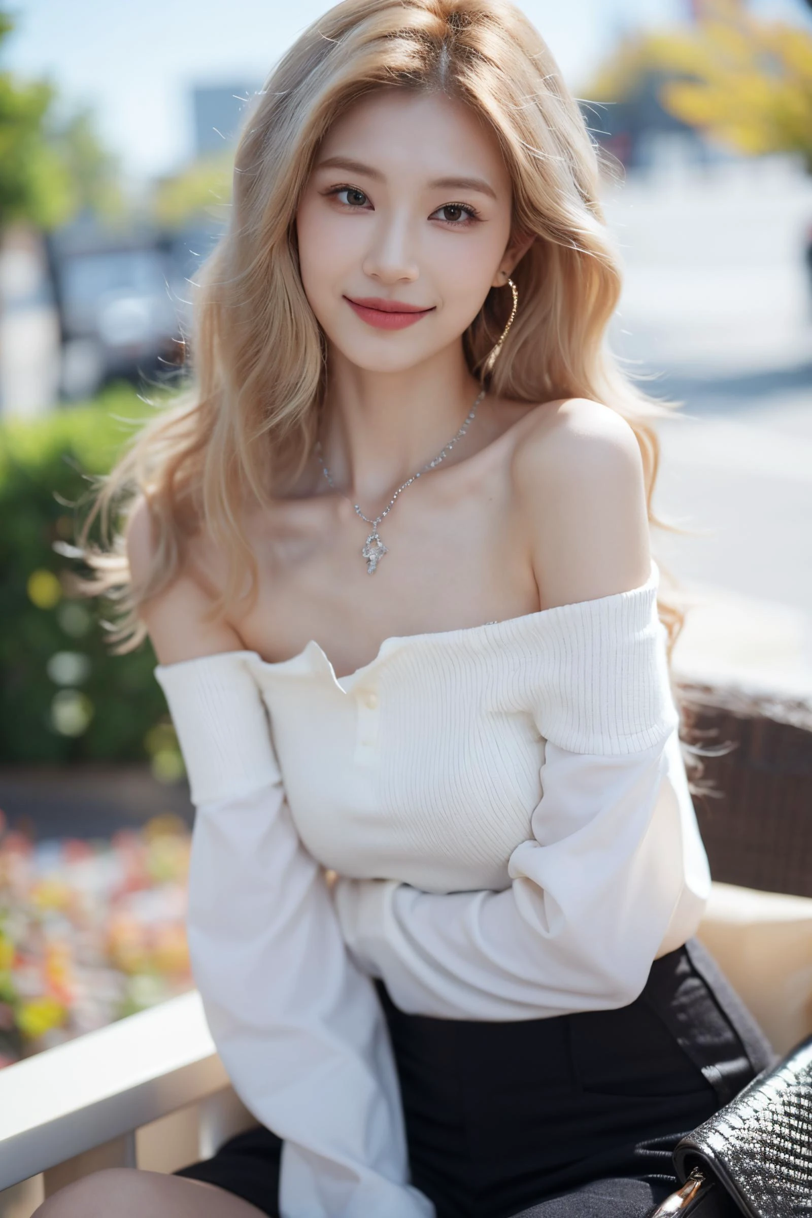 1girl,jewelry,earrings,solo,necklace,bare shoulders,blonde hair,realistic,smile,long hair,blurry background,dress,blurry,lips,black dress,upper body,closed mouth,brown eyes,(blonde:1.3),sexy pose,best quality,masterpiece,an extremely delicate and beautiful,CG,unity,8k wallpaper,Amazing,finely detail,masterpiece,official art,extremely detailed CG unity 8k wallpaper,incredibly absurdres,huge filesize,ultra-detailed,highres,extremely detailed,beautiful detailed girl,realistic,full frontal,<lora:鿢å¦Zheng Ziyan:0.8>,(Off-the-shoulder_blouse:1.4),(Wide-leg_cropped_pants:1.3),(Woven_handbag:1.2),