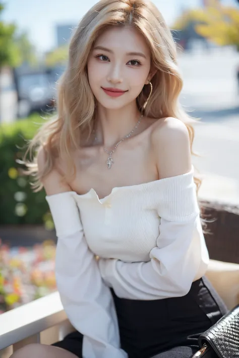 1girl,jewelry,earrings,solo,necklace,bare shoulders,blonde hair,realistic,smile,long hair,blurry background,dress,blurry,lips,black dress,upper body,closed mouth,brown eyes,(blonde:1.3),sexy pose,best quality,masterpiece,an extremely delicate and beautiful,CG,unity,8k wallpaper,Amazing,finely detail,masterpiece,official art,extremely detailed CG unity 8k wallpaper,incredibly absurdres,huge filesize,ultra-detailed,highres,extremely detailed,beautiful detailed girl,realistic,full frontal,<lora:éæ¢å¦Zheng Ziyan:0.8>,(Off-the-shoulder_blouse:1.4),(Wide-leg_cropped_pants:1.3),(Woven_handbag:1.2),