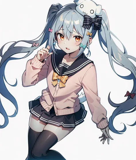 <lora:inuyama_tamaki_v1-0-000020:1>
solo, 1boy, black bow, black skirt, black thighhighs, blue hair, pink cardigan, dog hair ornament, twintails, orange eyes, hair between eyes, tail, otoko no ko, simple background