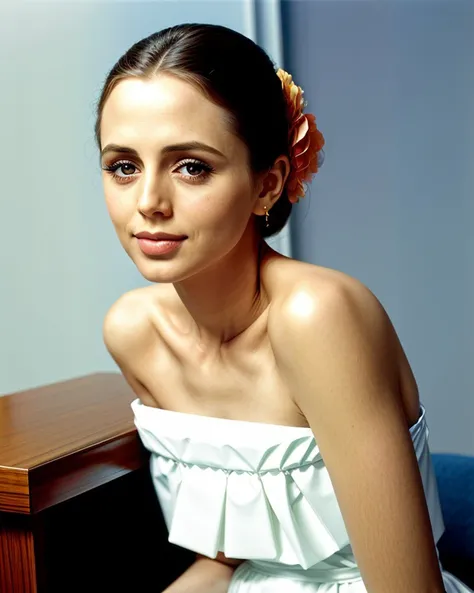 ChzElizaDushku, close-up, (realistic, meticulously detailed:1.3) photo of 1girl as a supermodel, wearing edgEV_vintage dress, blue and white dress, European fashion magazine cover, haute couture, professional cosmetics, professional lighting, photoshoot, simple background, artistic composition, perfect shading, (detailed skin, perfect eyes), (photorealistic), (hyperdetailed:1.3), (masterpiece, best quality:1.5), edgEV,